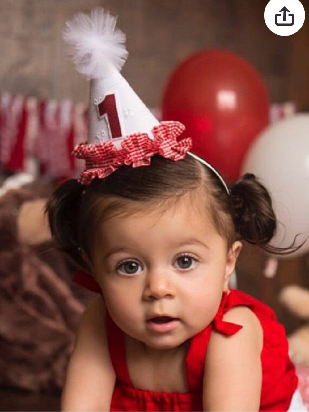 Eyelet First Birthday Hat: Red Gingham Ruffle, Tulle Pom Pom